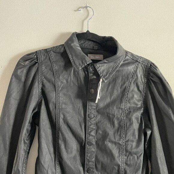 DL1961 Women S Black Medina Puff Sleeve Clarita Coated Button Up Jacket NWT - Picture 6 of 13